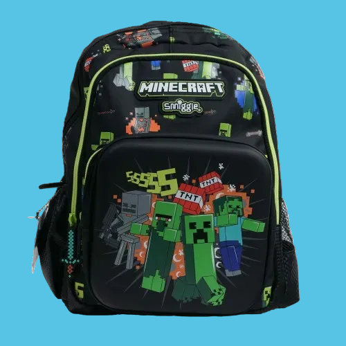 Backpack with Minecraft-themed design on a white background